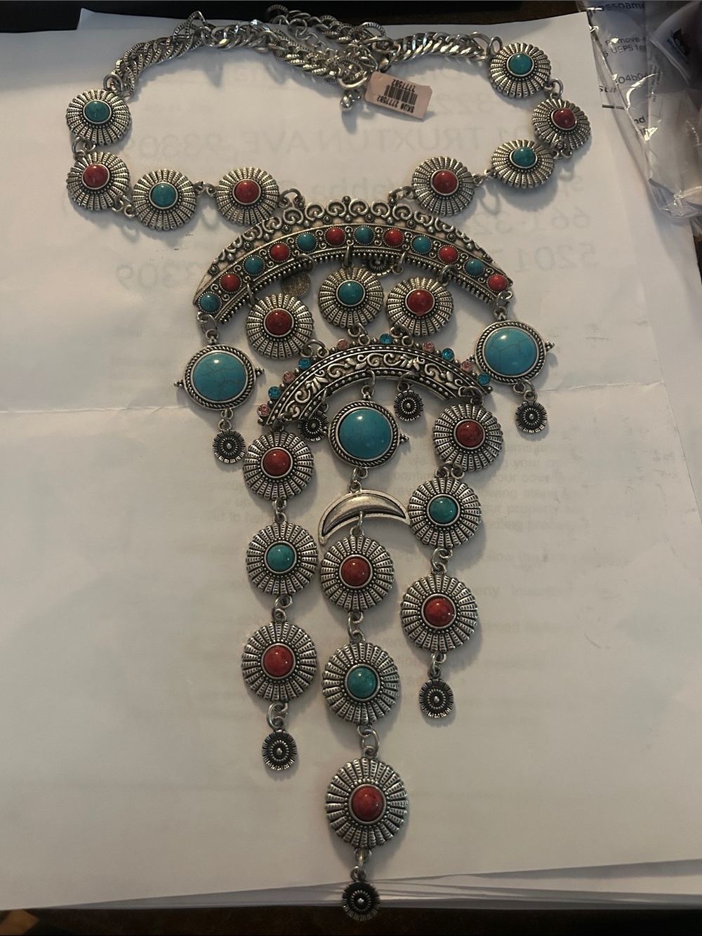 Turquoise & Coral Silver-Tone Statement Necklace - Unbranded